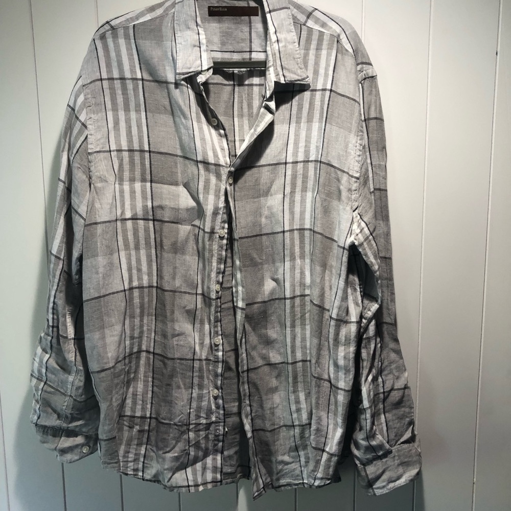 Perry Ellis 100% linen subtle grey taupe plaid long sleeve  Shirt XXL